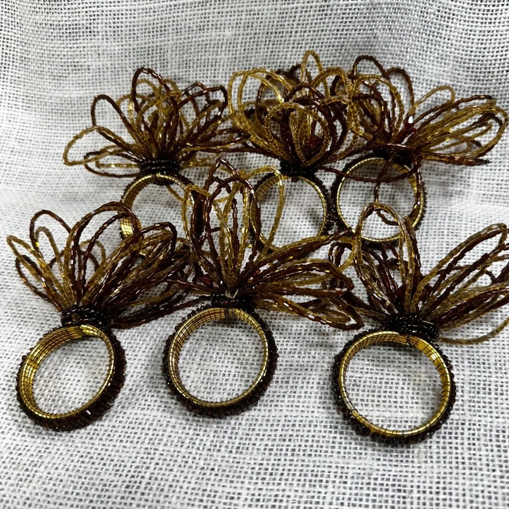 Set of 6 Beaded Napkin Rings Amber‎ Bronze Brown Floral Glass Bead Table Decor